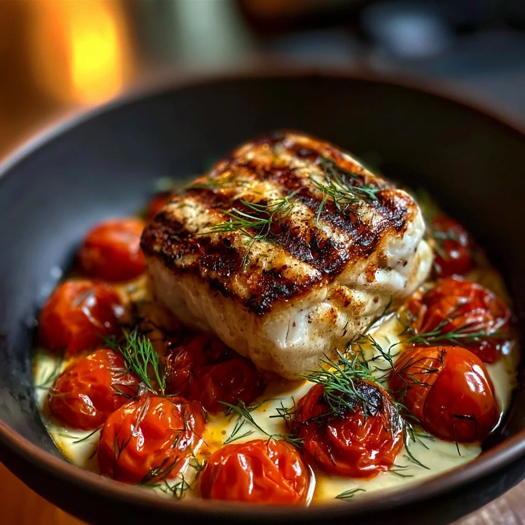Grilled cod topped with creamy dill sauce, served on a white plate.