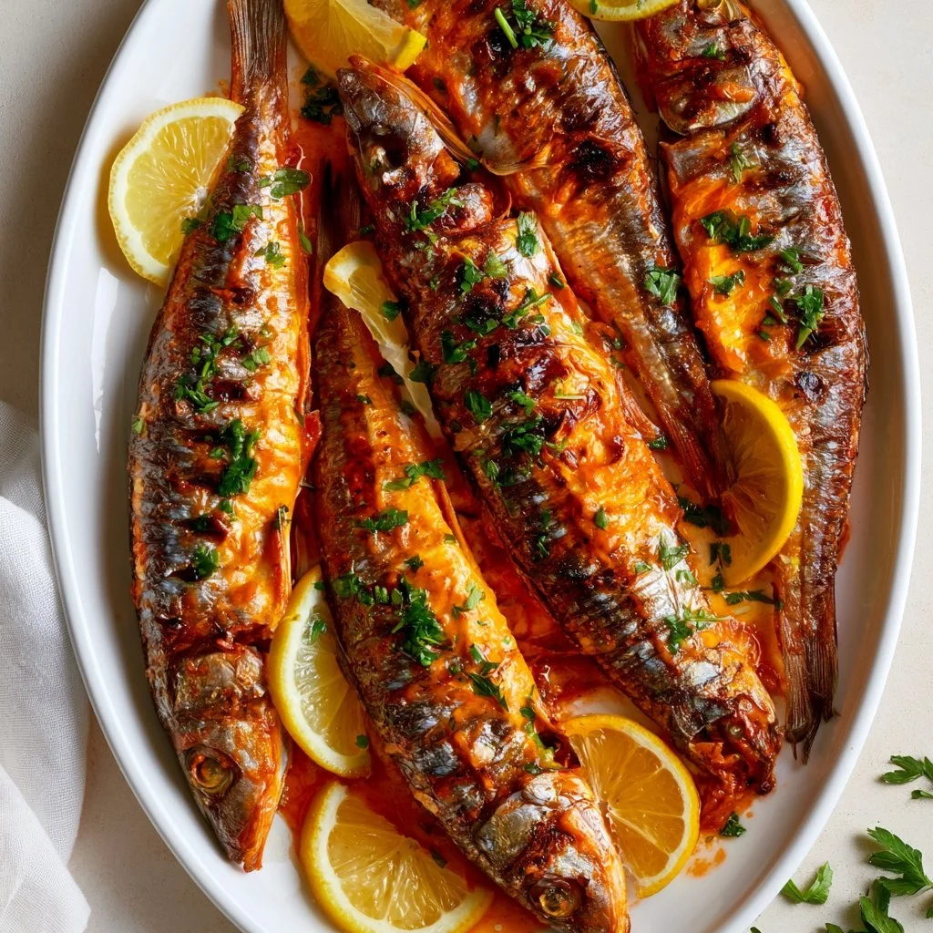 Delicious grilled mussels on a serving platter with herbs and lemon.