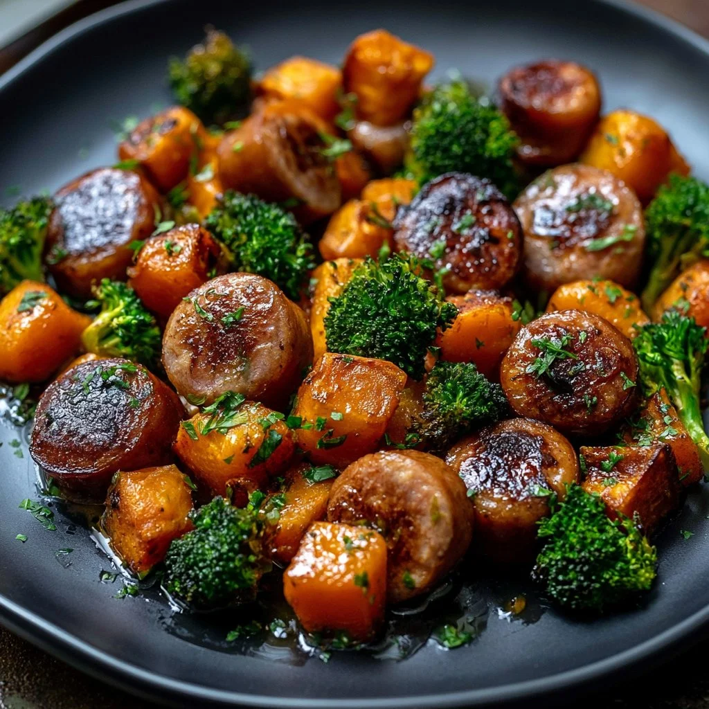 Honey garlic sausage served with roasted sweet potatoes