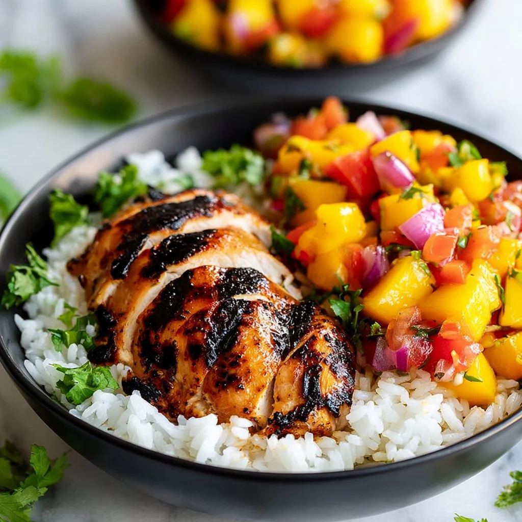 Jamaican jerk chicken served with coconut rice and mango salsa on a plate.