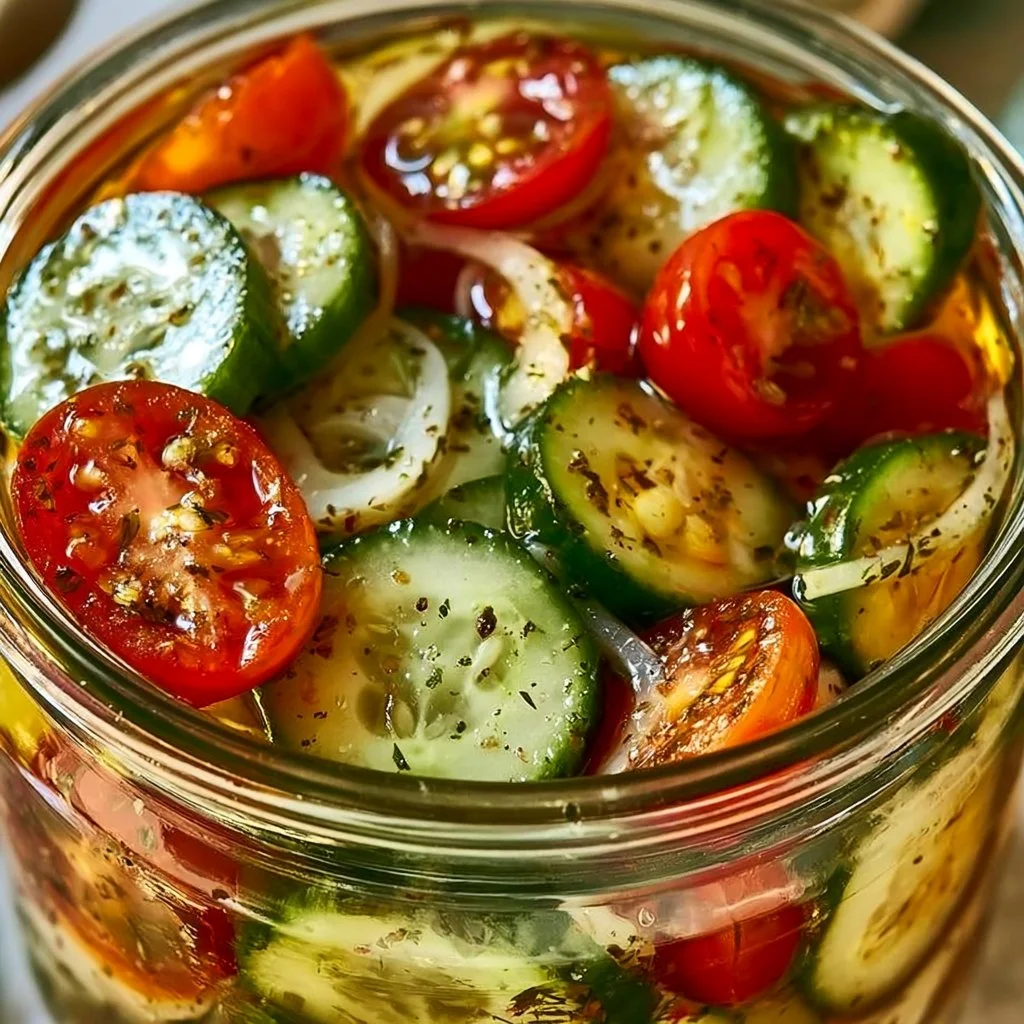 Delicious marinated cucumbers, onions, and tomatoes in a vibrant salad.