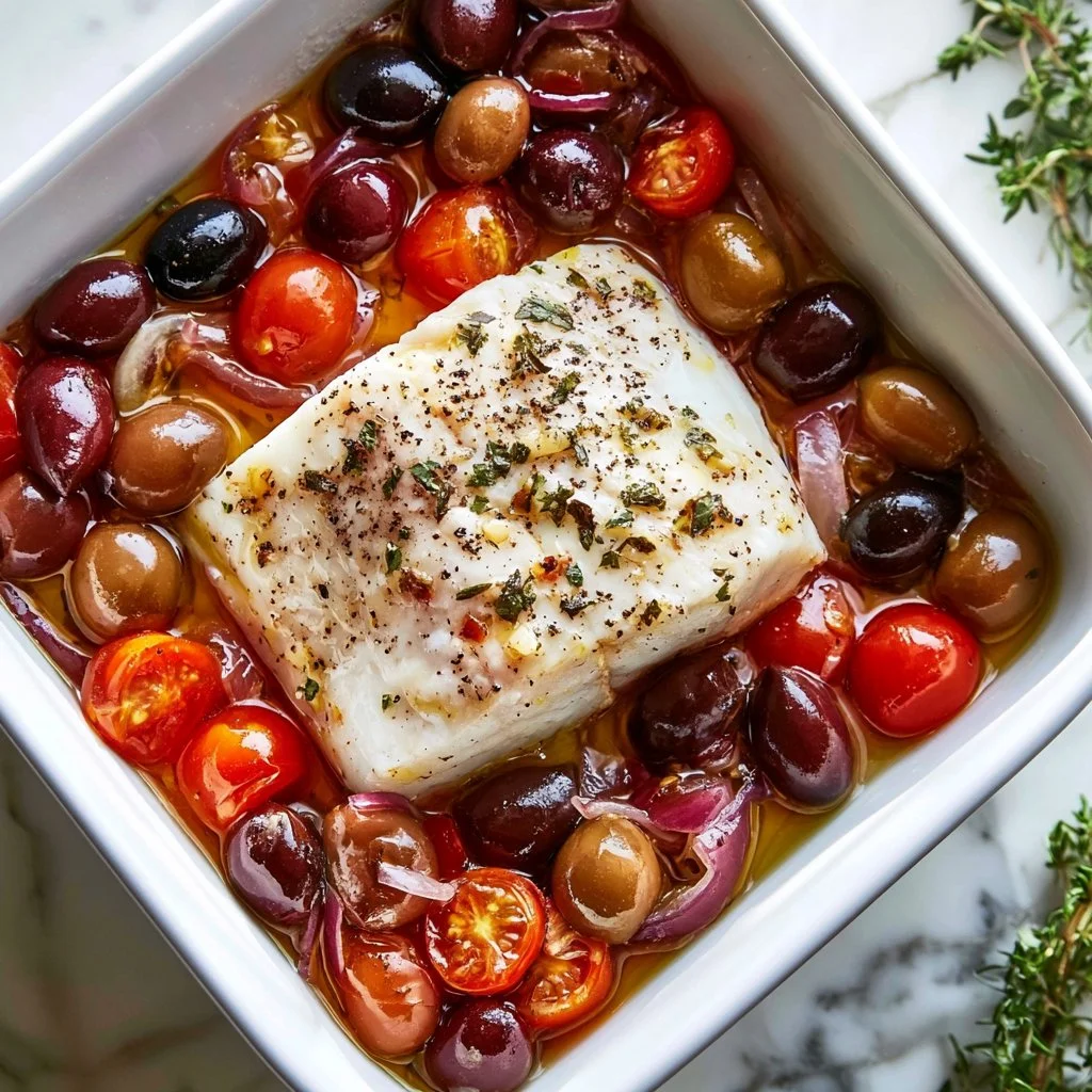 Mediterranean Baked Cod served with herbs and vegetables