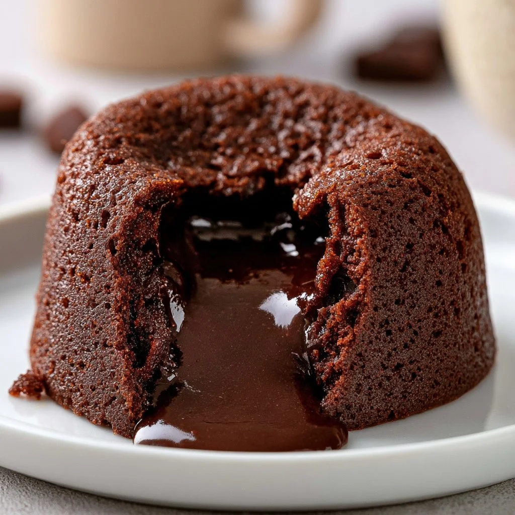 Delicious molten chocolate cake topped with chocolate sauce and served warm.