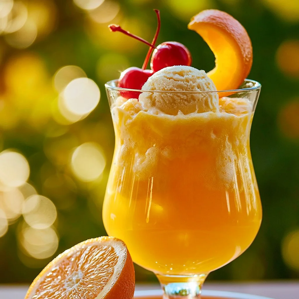 Refreshing orange cocktail topped with ice cream in a glass.