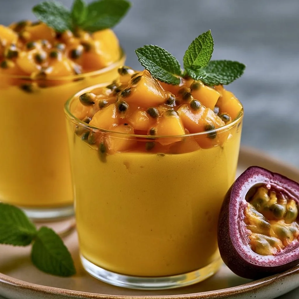 Delicious Passion Fruit Mousse topped with fresh fruits in a serving dish.