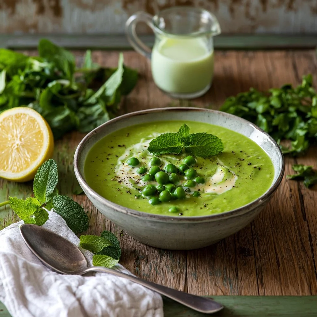 A bowl of fresh and vibrant Pea and Mint Soup garnished with mint leaves.