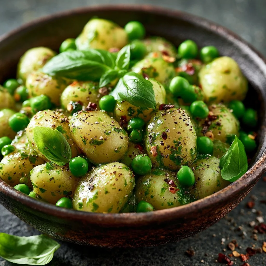 Plate of Potato Gnocchi with Basil Pesto Sauce garnished with Parmesan cheese