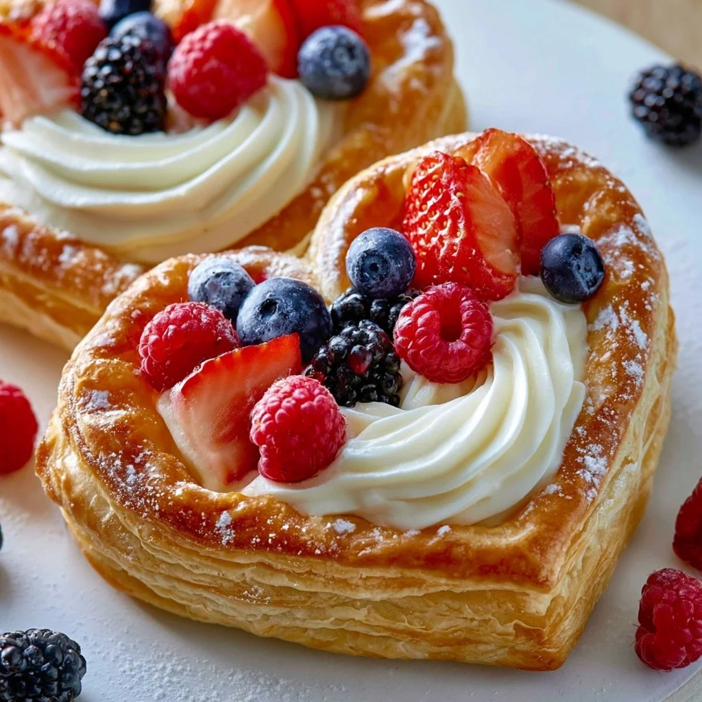 Puff pastry desserts with berry and fruit hearts arranged on a plate