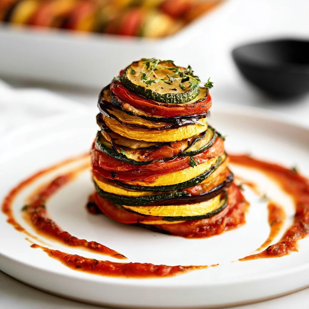 A colorful plate of Ratatouille featuring fresh vegetables and herbs.