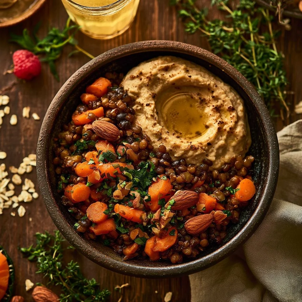 Roasted carrot and lentil bowl with fresh herbs and spices