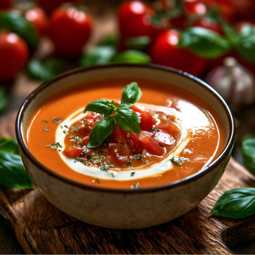 Bowl of creamy roasted tomato basil soup garnished with fresh basil leaves.