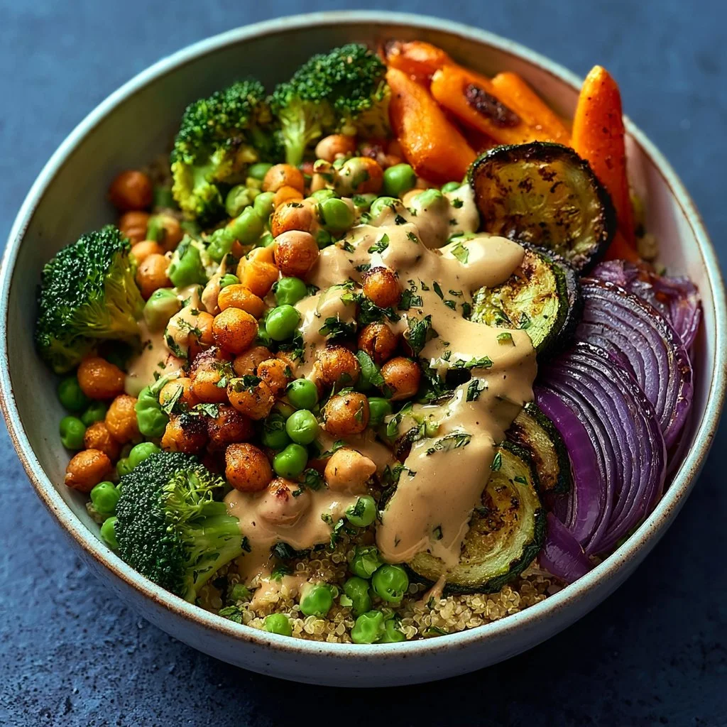 Colorful roasted veggie bowl recipe with seasonal vegetables and grains