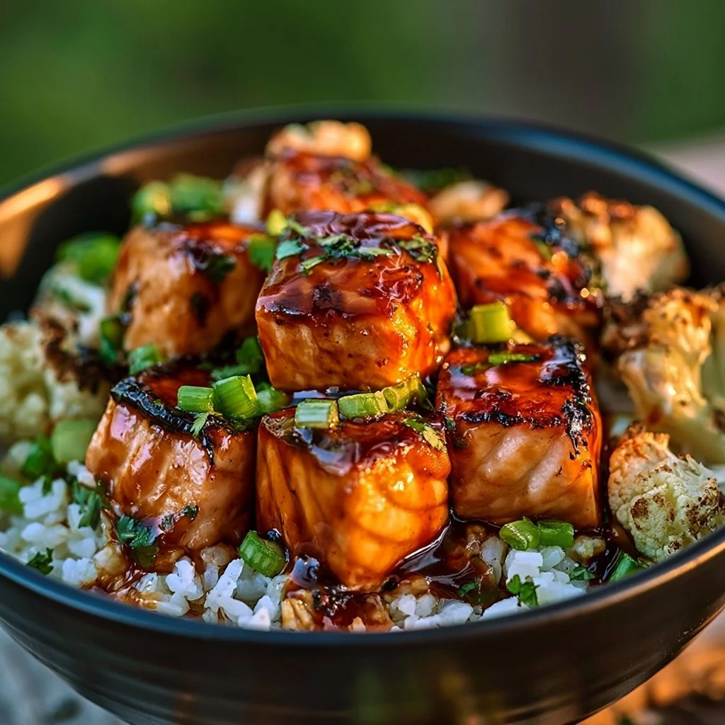 Delicious salmon bowl drizzled with sriracha honey sauce