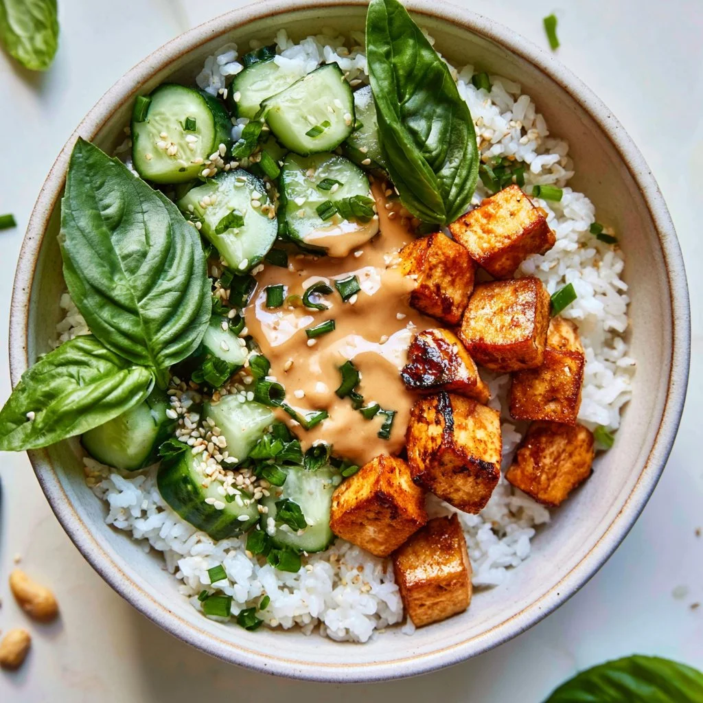 Sesame-crusted tofu bites served with coconut rice on a plate