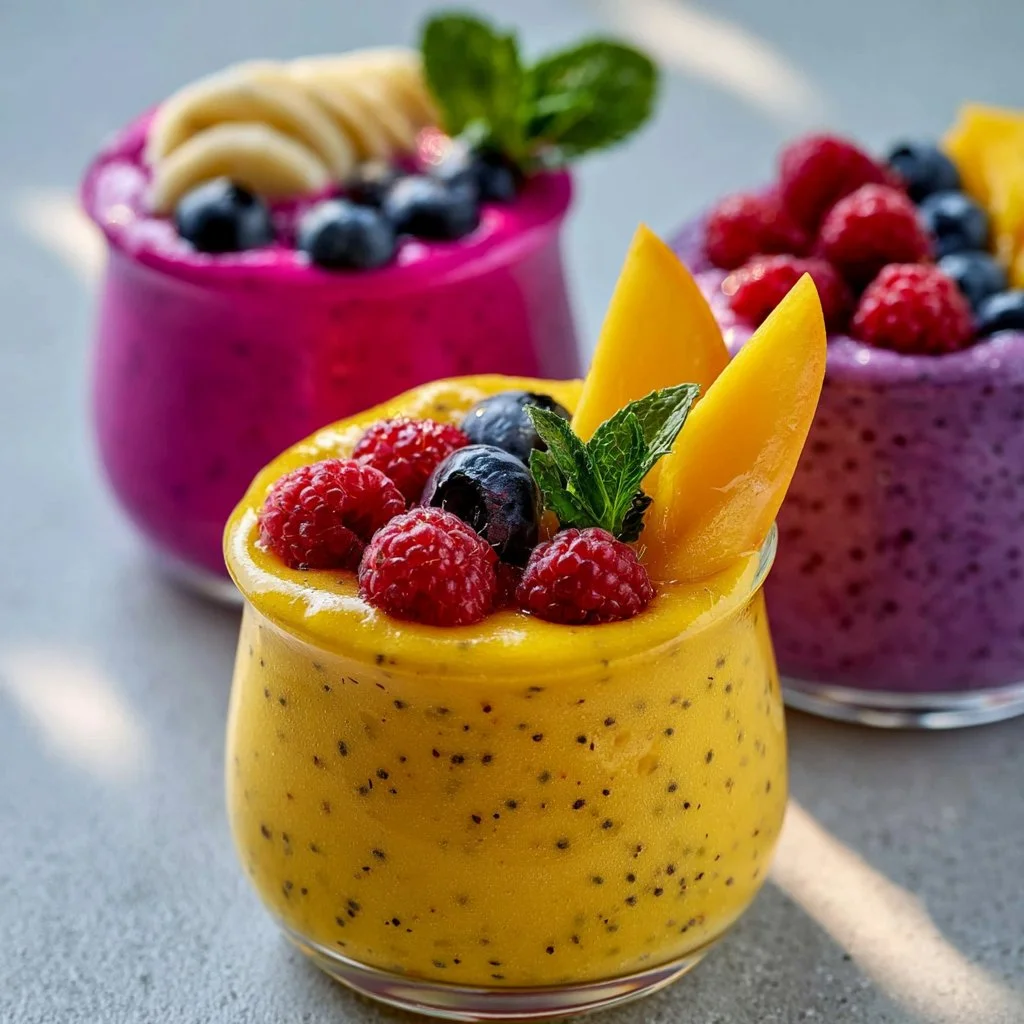 Aesthetic photography of colorful smoothies in elegant glassware for healthy eating.