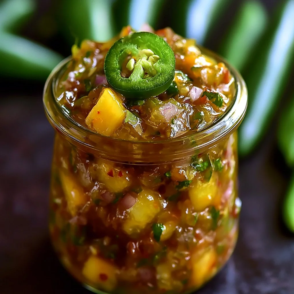 Jar of spicy fruit chutney with fruits and spices on a wooden table
