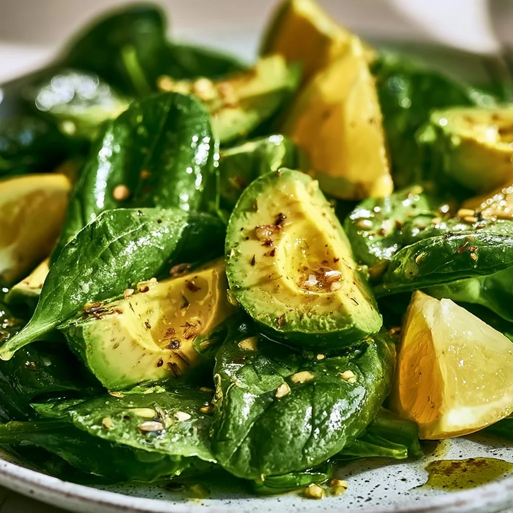 Fresh spinach avocado salad with lime dressing and toasted seeds