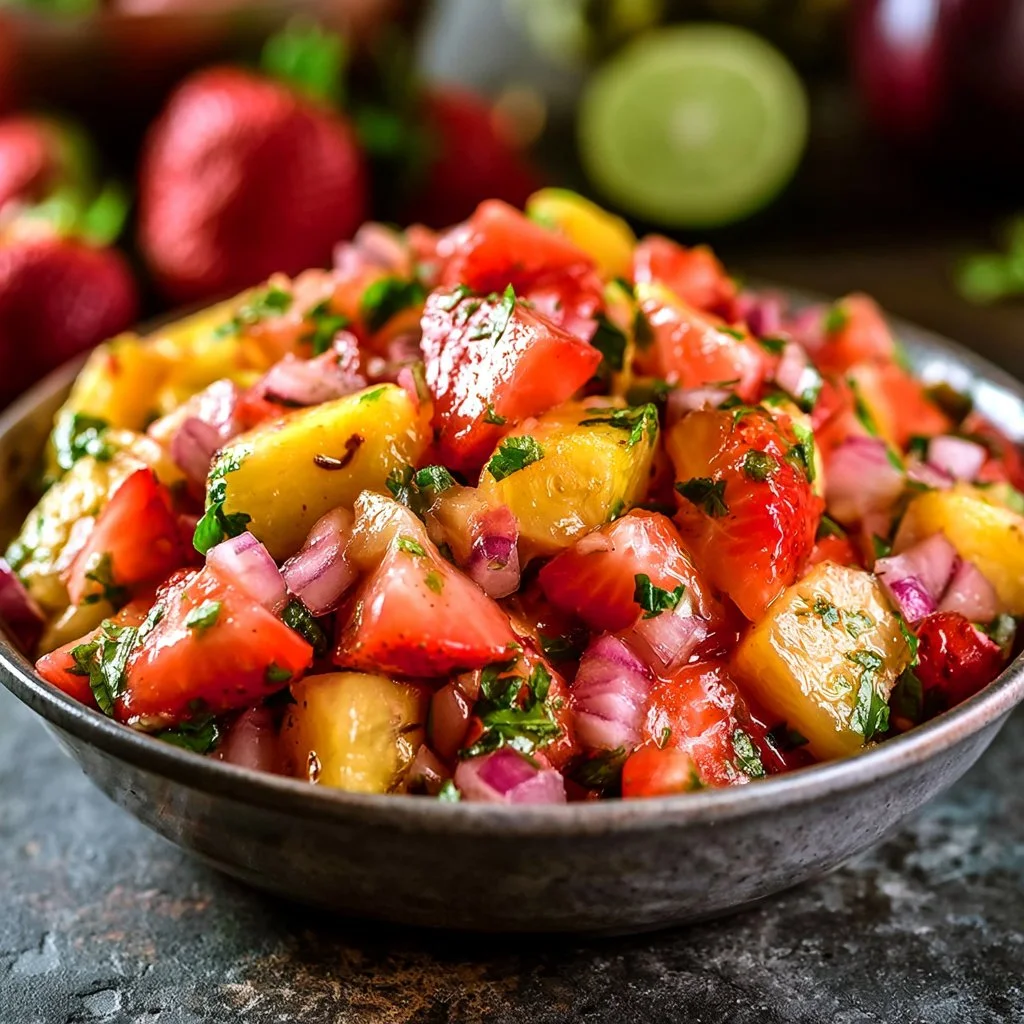 Fresh strawberry salsa in a colorful bowl with cilantro and lime.