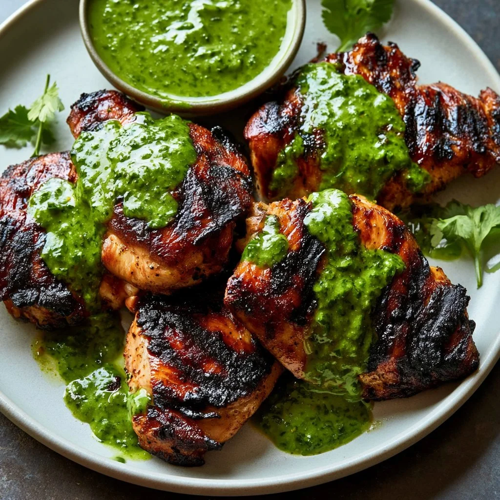 Succulent Peruvian spiced roast chicken served on a white plate with herbs.