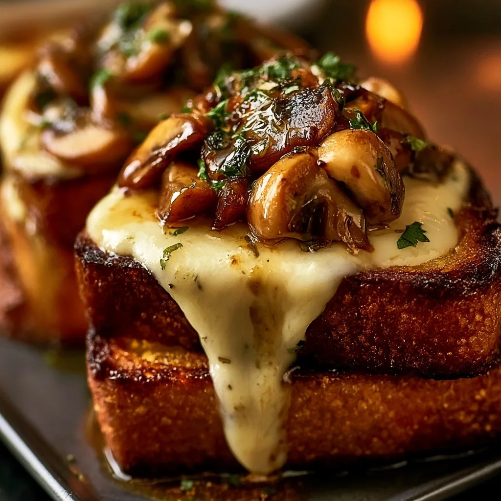 Delicious Swiss Mushroom Melt sandwich topped with gooey cheese and mushrooms