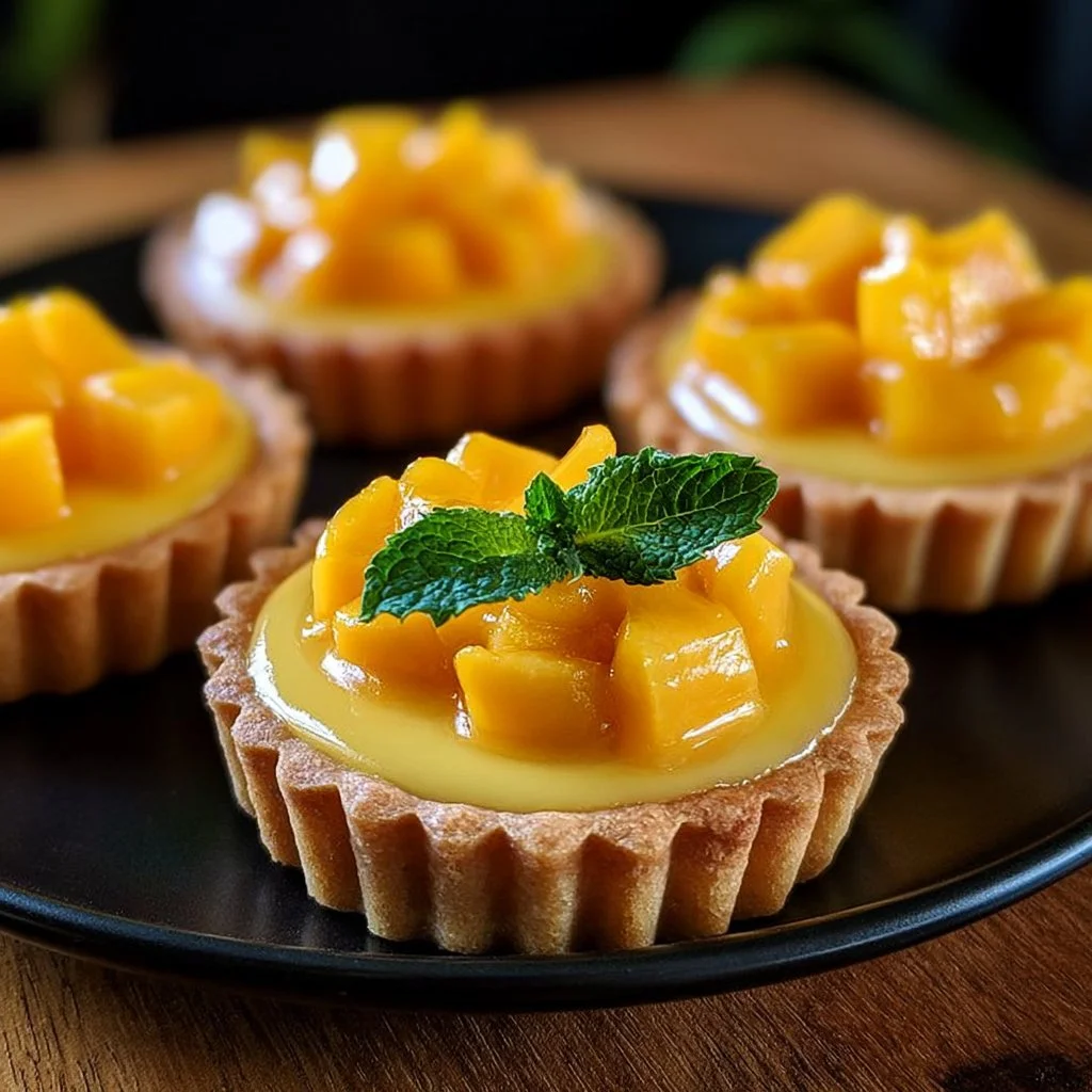 Delicious Tropical Mango Mousse Tarts topped with fresh mango slices.