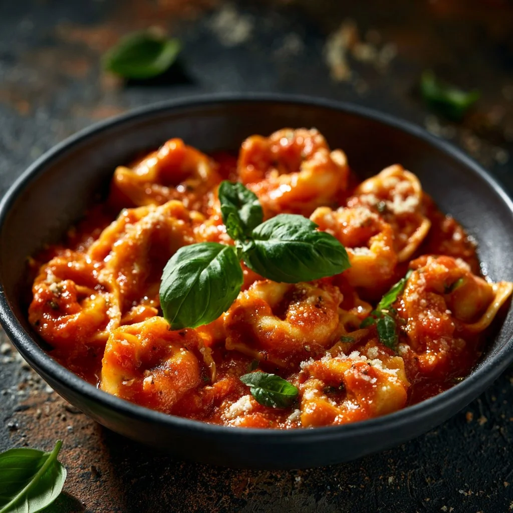 Rich and creamy velvety tomato tortellini served in a bowl