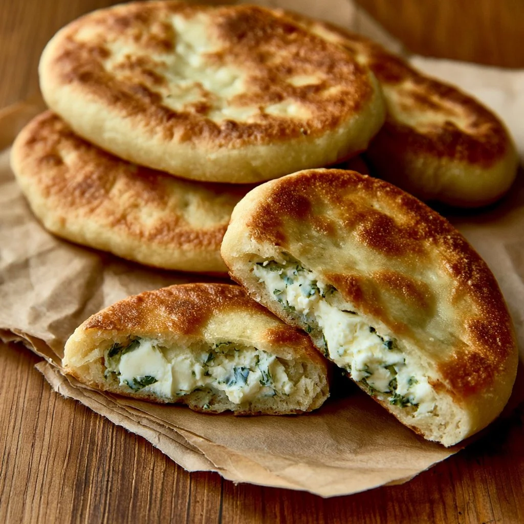 Yeast-fried pirozhki with cottage cheese filling and herbs on a plate
