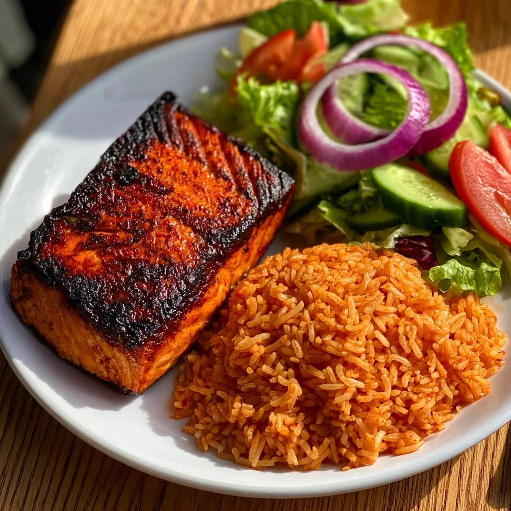 Zesty salmon rice bowl topped with fresh vegetables and a citrus dressing